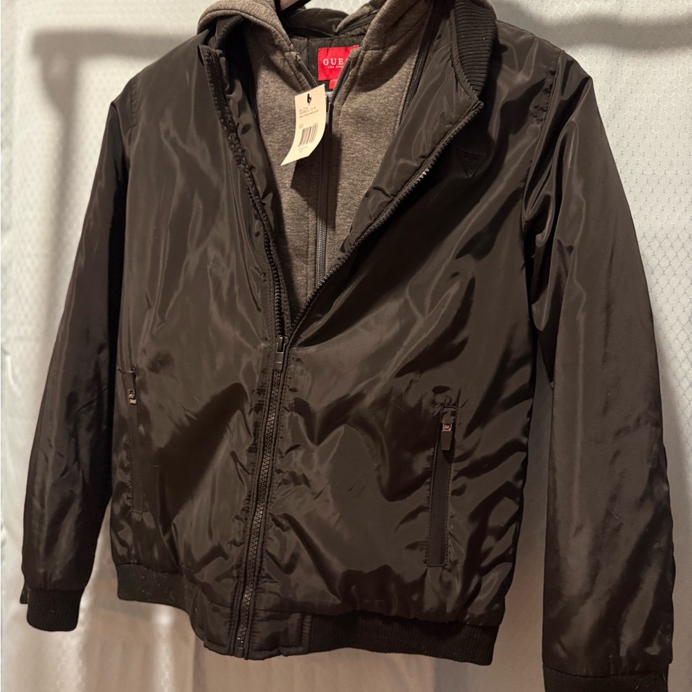 GUESS boys Black Hooded Bomber with Zip Pockets